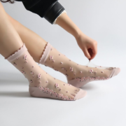 Průhledné ponožky s květy - růžové